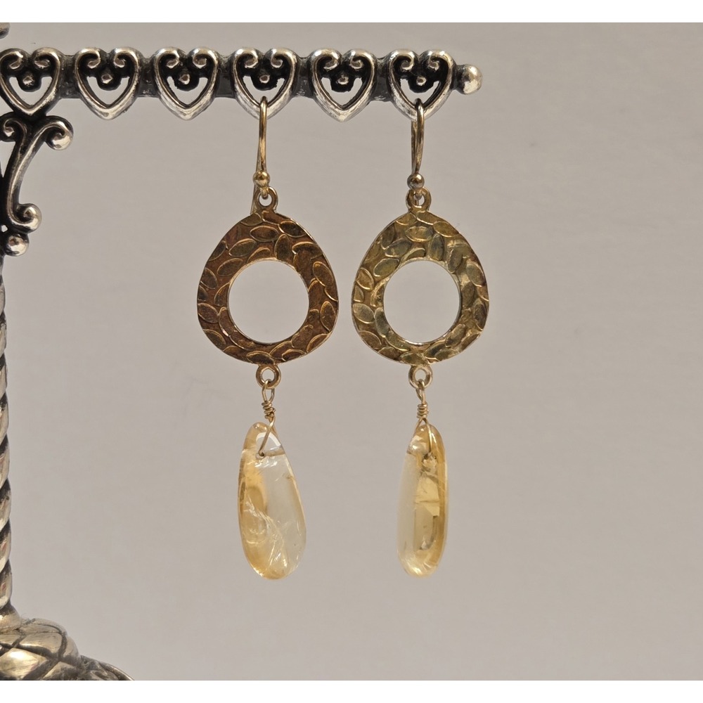Vintage Lucas Lameth Sterling Silver Citrine Art Deco Dangle Earrings Gold Tone‎